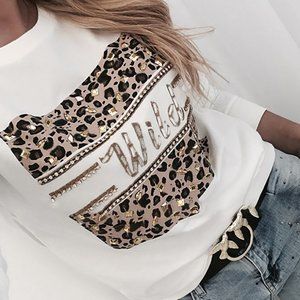 Letter Leopard Print Rhinestone Decor Top